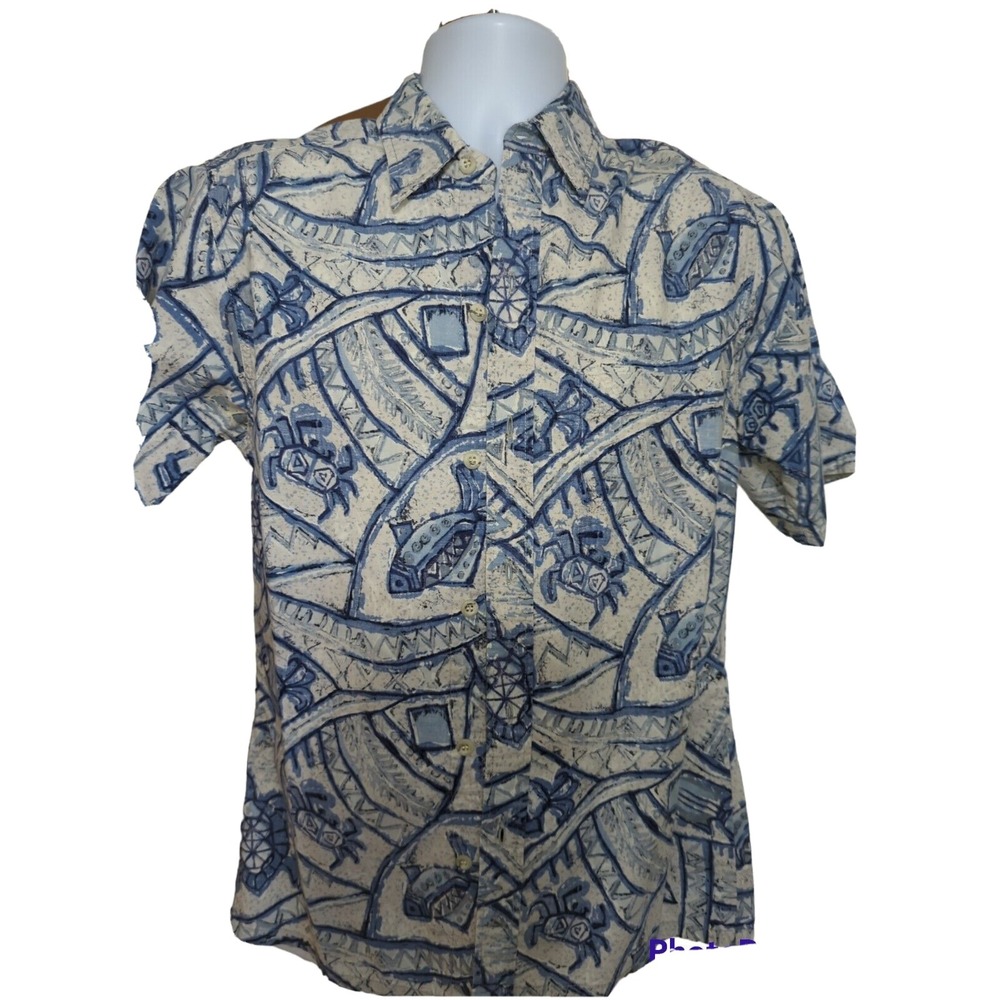 Go‎ Barefoot Hawaiian tradition blue shirt M crabs fish turtles geometric Men's